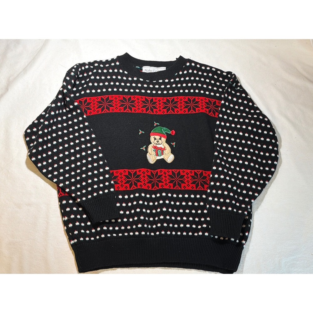Vintage Kate Collins Christmas Sweater Black Red Teddy Bear Fair Isle USA Large